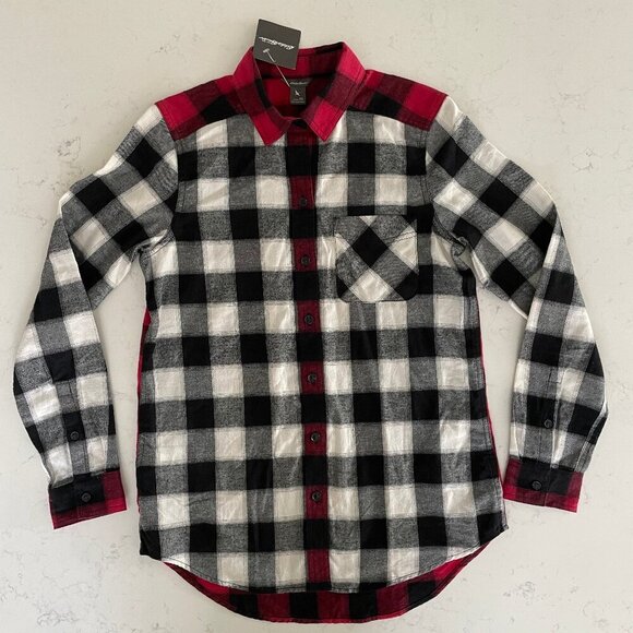 Eddie Bauer WR Stine's Mixed BF Flannel LS Button Down Shirt Blk Wht Red XS NWT - Picture 1 of 14